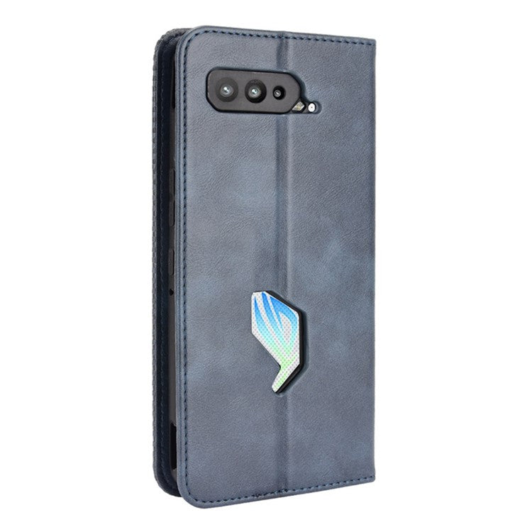 Magnetic Closure Vintage Style Phone Case Wallet Stand Leather Cover for Asus ROG Phone 5 - Blue