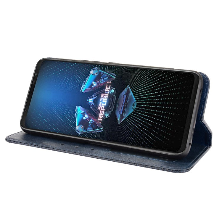 Magnetic Closure Vintage Style Phone Case Wallet Stand Leather Cover for Asus ROG Phone 5 - Blue