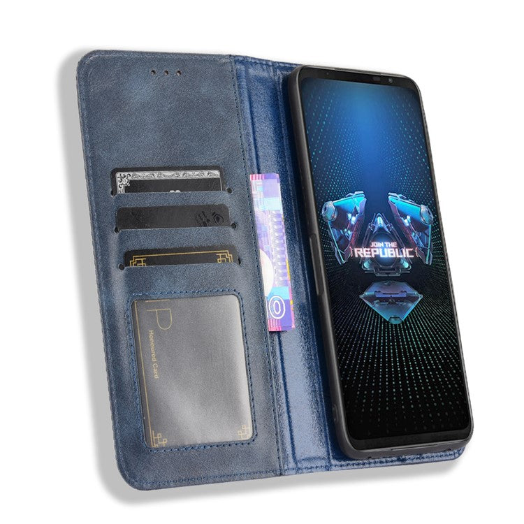 Magnetic Closure Vintage Style Phone Case Wallet Stand Leather Cover for Asus ROG Phone 5 - Blue