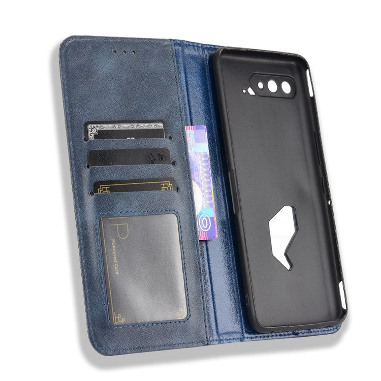 Magnetic Closure Vintage Style Phone Case Wallet Stand Leather Cover for Asus ROG Phone 5 - Blue