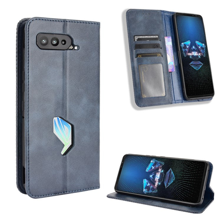 Magnetic Closure Vintage Style Phone Case Wallet Stand Leather Cover for Asus ROG Phone 5 - Blue