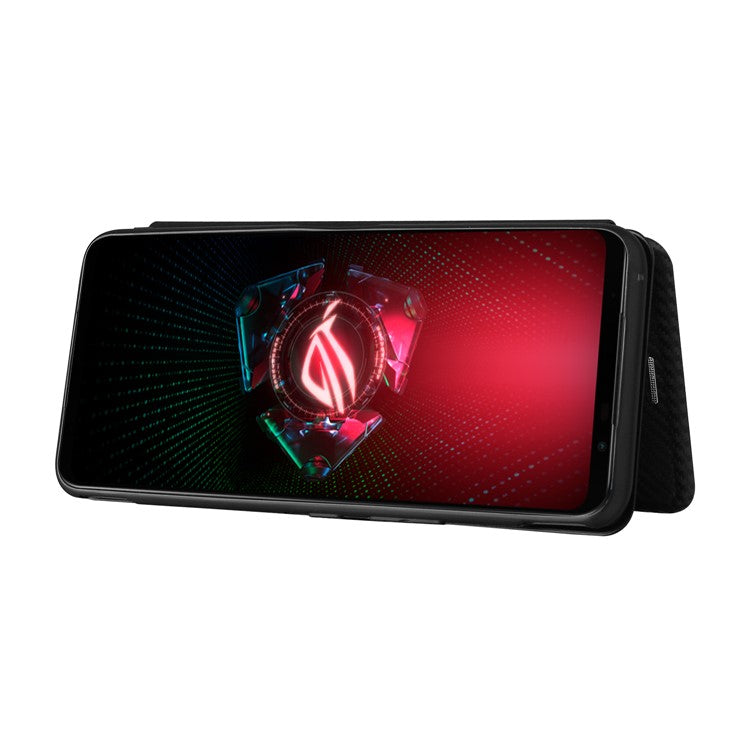 Carbon Fiber Texture Cell Phone Stand Cover for Asus ROG Phone 5 Auto-absorbed Leather Case - Black