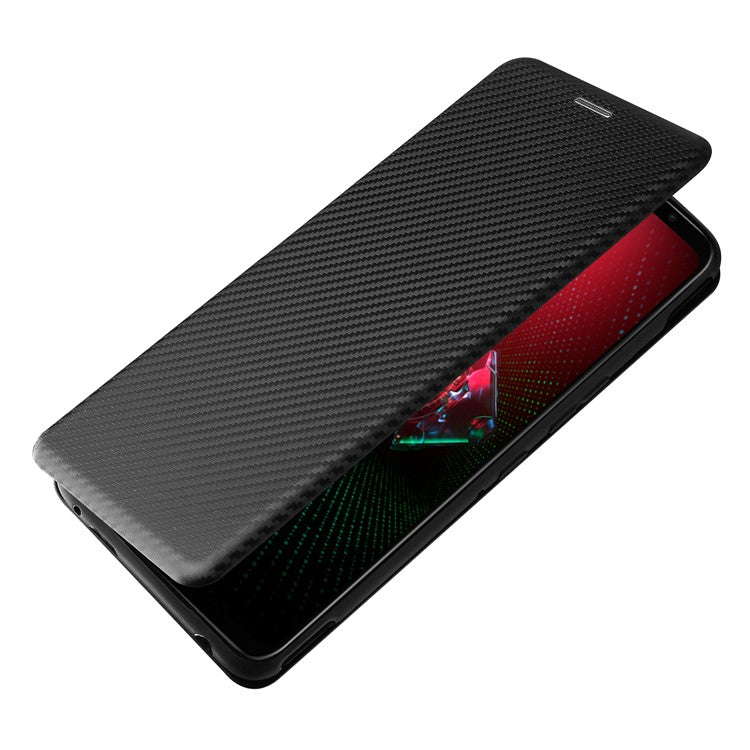 Carbon Fiber Texture Cell Phone Stand Cover for Asus ROG Phone 5 Auto-absorbed Leather Case - Black