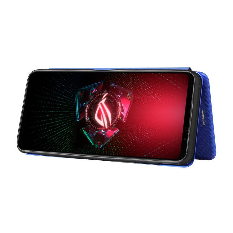 Carbon Fiber Texture Cell Phone Stand Cover for Asus ROG Phone 5 Auto-absorbed Leather Case - Blue