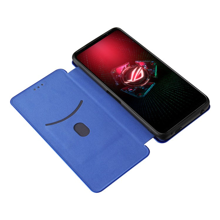 Carbon Fiber Texture Cell Phone Stand Cover for Asus ROG Phone 5 Auto-absorbed Leather Case - Blue
