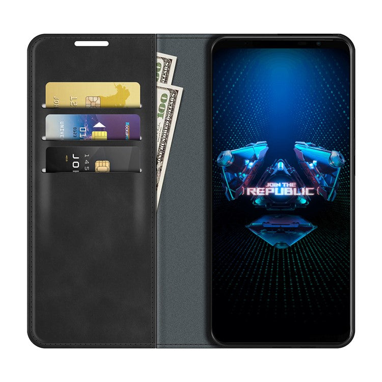 Skin-Touch Auto-absorbed Wallet Cover Leather Stand Shell for Asus ROG Phone 5 - Black