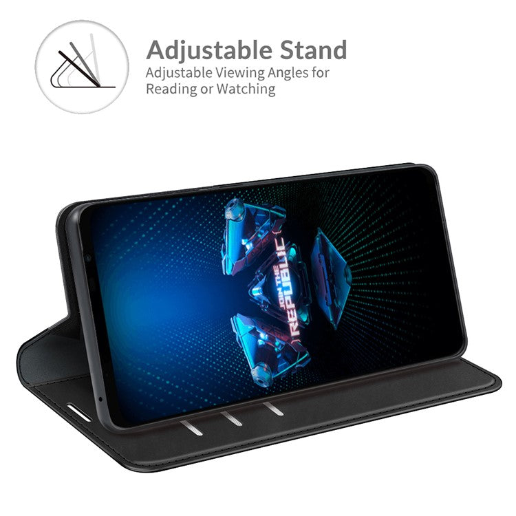 Skin-Touch Auto-absorbed Wallet Cover Leather Stand Shell for Asus ROG Phone 5 - Black