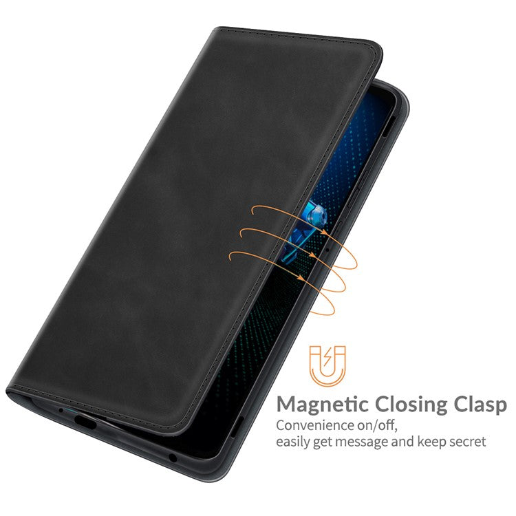 Skin-Touch Auto-absorbed Wallet Cover Leather Stand Shell for Asus ROG Phone 5 - Black