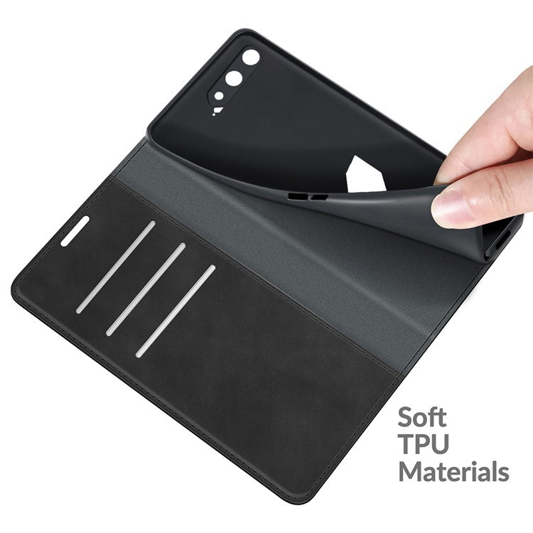 Skin-Touch Auto-absorbed Wallet Cover Leather Stand Shell for Asus ROG Phone 5 - Black