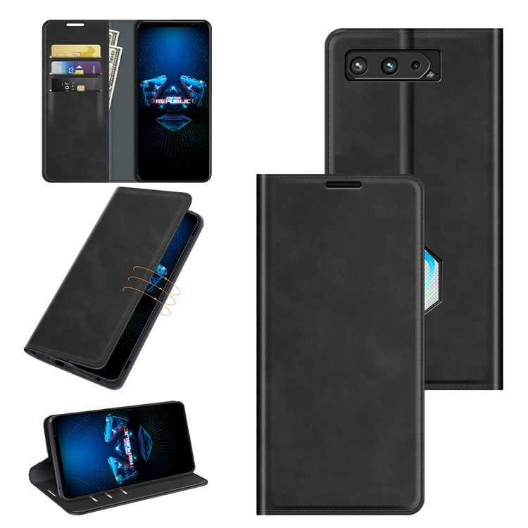 Skin-Touch Auto-absorbed Wallet Cover Leather Stand Shell for Asus ROG Phone 5 - Black