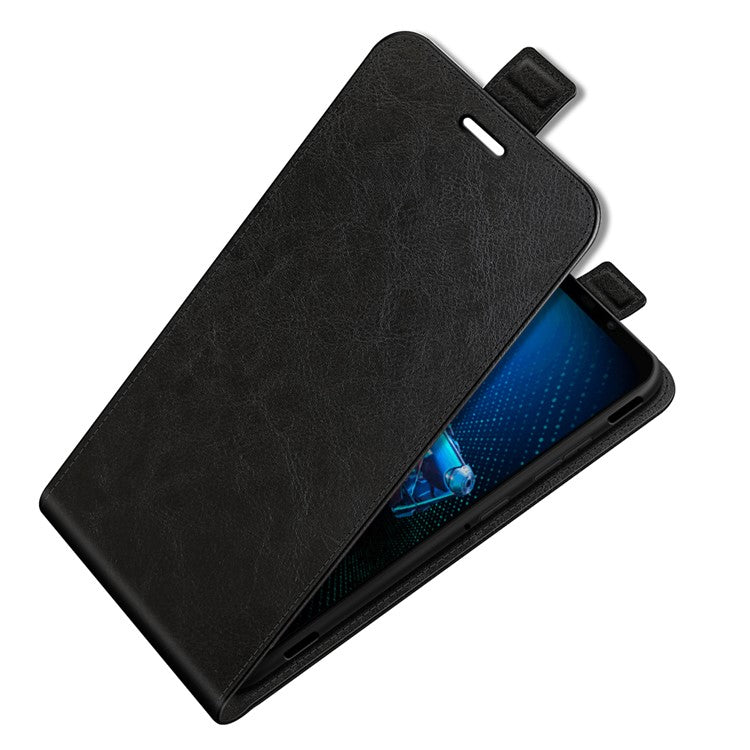 Crazy Horse Leather Protector Case Vertical Flip Phone Cover with Card Slot for Asus ROG Phone 5 - Black