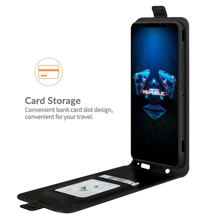 Crazy Horse Leather Protector Case Vertical Flip Phone Cover with Card Slot for Asus ROG Phone 5 - Black