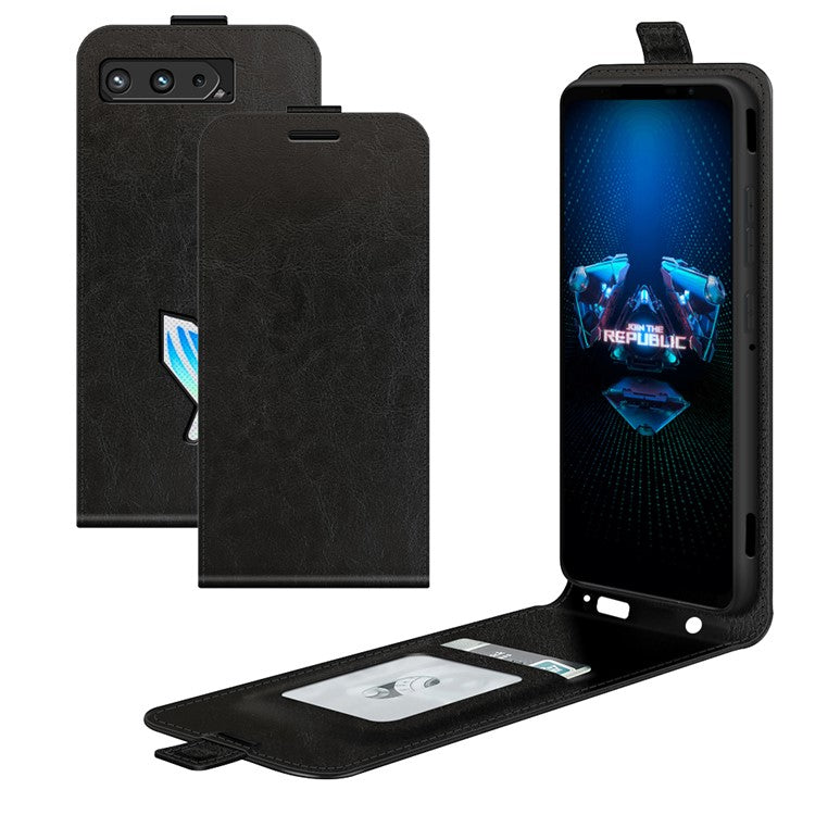 Crazy Horse Leather Protector Case Vertical Flip Phone Cover with Card Slot for Asus ROG Phone 5 - Black