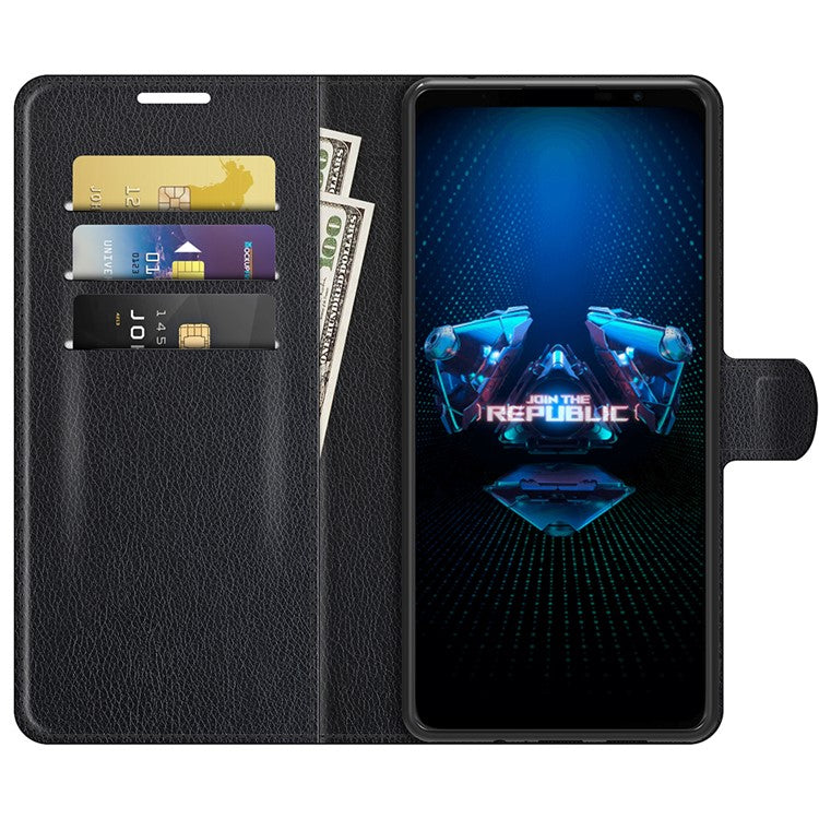 Litchi Skin Wallet Stand Leather Case Flip Mobile Phone Cover for Asus ROG Phone 5 - Black