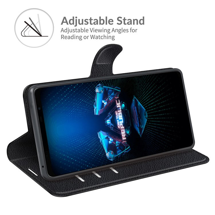 Litchi Skin Wallet Stand Leather Case Flip Mobile Phone Cover for Asus ROG Phone 5 - Black