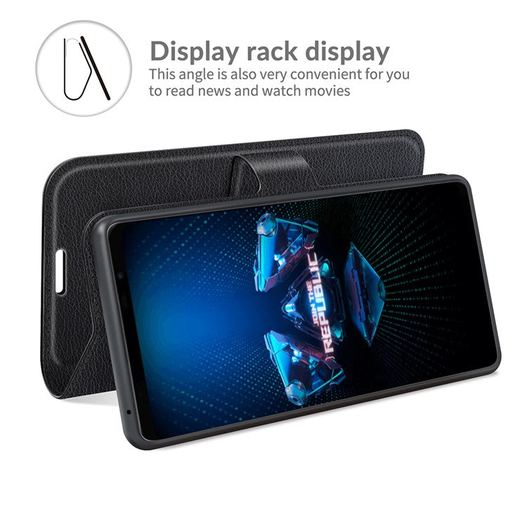 Litchi Skin Wallet Stand Leather Case Flip Mobile Phone Cover for Asus ROG Phone 5 - Black