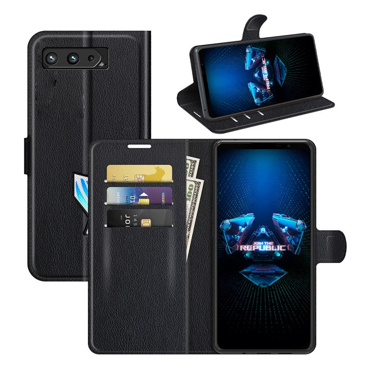 Litchi Skin Wallet Stand Leather Case Flip Mobile Phone Cover for Asus ROG Phone 5 - Black