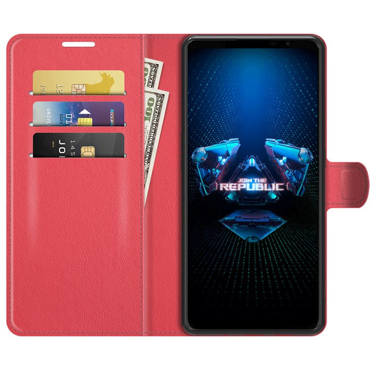 Litchi Skin Wallet Stand Leather Case Flip Mobile Phone Cover for Asus ROG Phone 5 - Red
