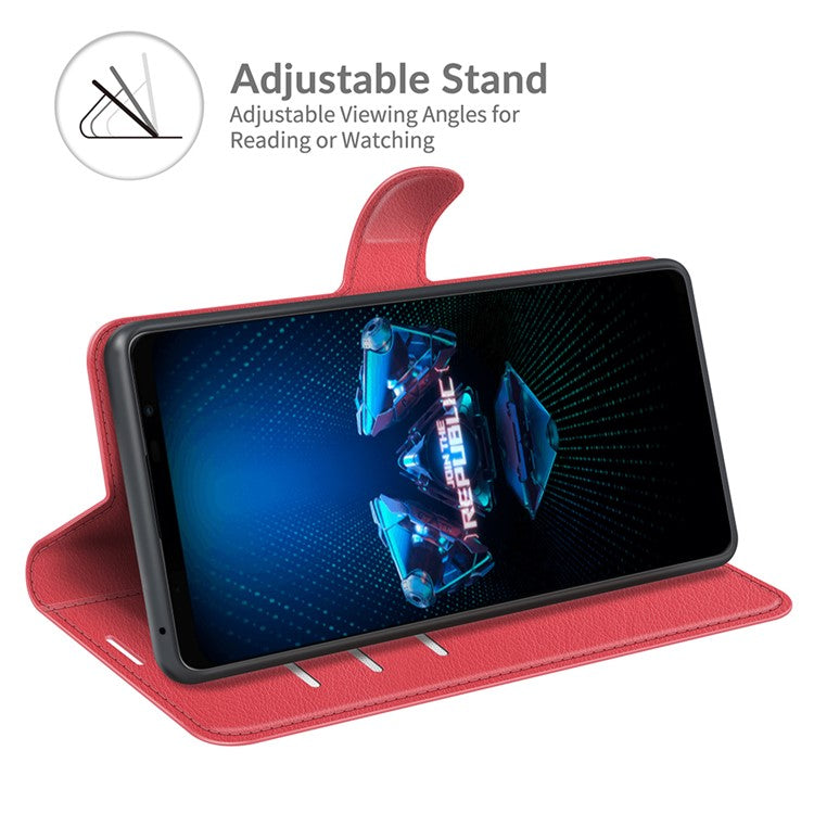 Litchi Skin Wallet Stand Leather Case Flip Mobile Phone Cover for Asus ROG Phone 5 - Red