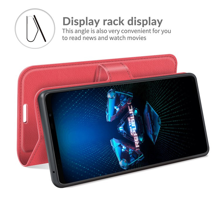Litchi Skin Wallet Stand Leather Case Flip Mobile Phone Cover for Asus ROG Phone 5 - Red