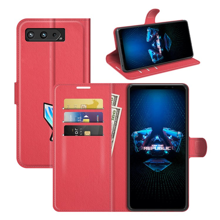 Litchi Skin Wallet Stand Leather Case Flip Mobile Phone Cover for Asus ROG Phone 5 - Red