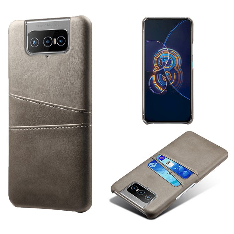 KSQ Leather Coated PC Case Mobile Phone Protective Case Shell with Dual Card Holder for Asus Zenfone 8 Flip - Grey