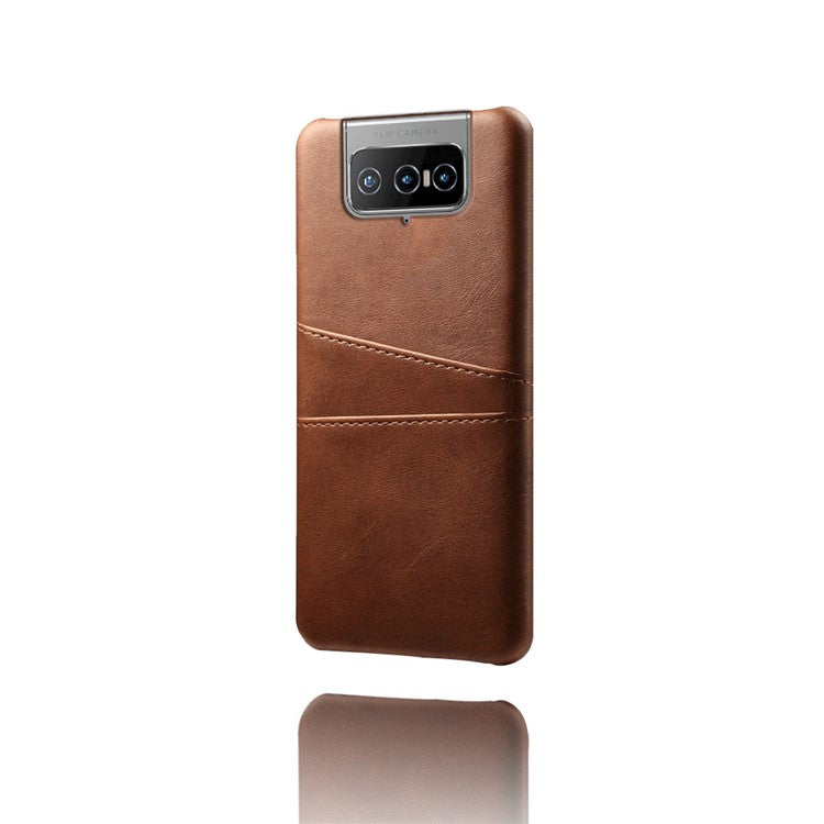 KSQ Leather Coated PC Case Mobile Phone Protective Case Shell with Dual Card Holder for Asus Zenfone 8 Flip - Brown