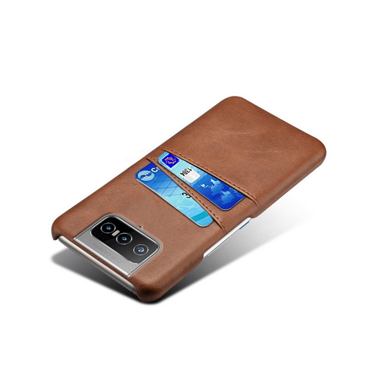 KSQ Leather Coated PC Case Mobile Phone Protective Case Shell with Dual Card Holder for Asus Zenfone 8 Flip - Brown