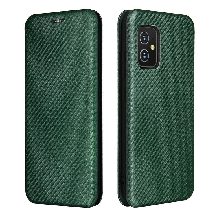 Carbon Fiber Texture Auto-absorbed Leather Cell Phone Case Shell with Card Holder for Asus Zenfone 8 - Green
