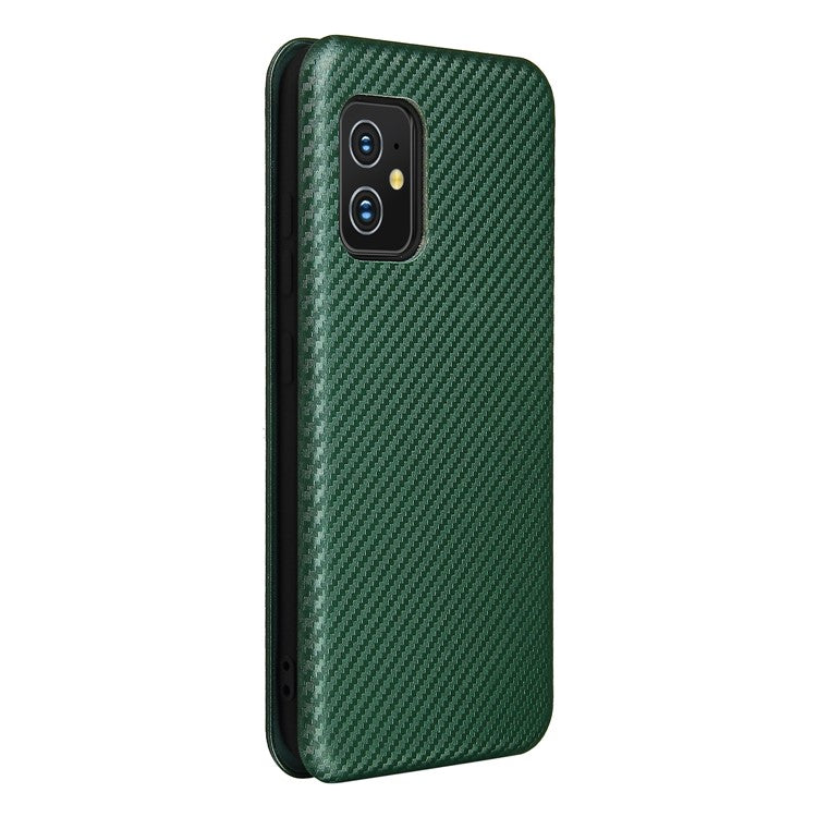 Carbon Fiber Texture Auto-absorbed Leather Cell Phone Case Shell with Card Holder for Asus Zenfone 8 - Green