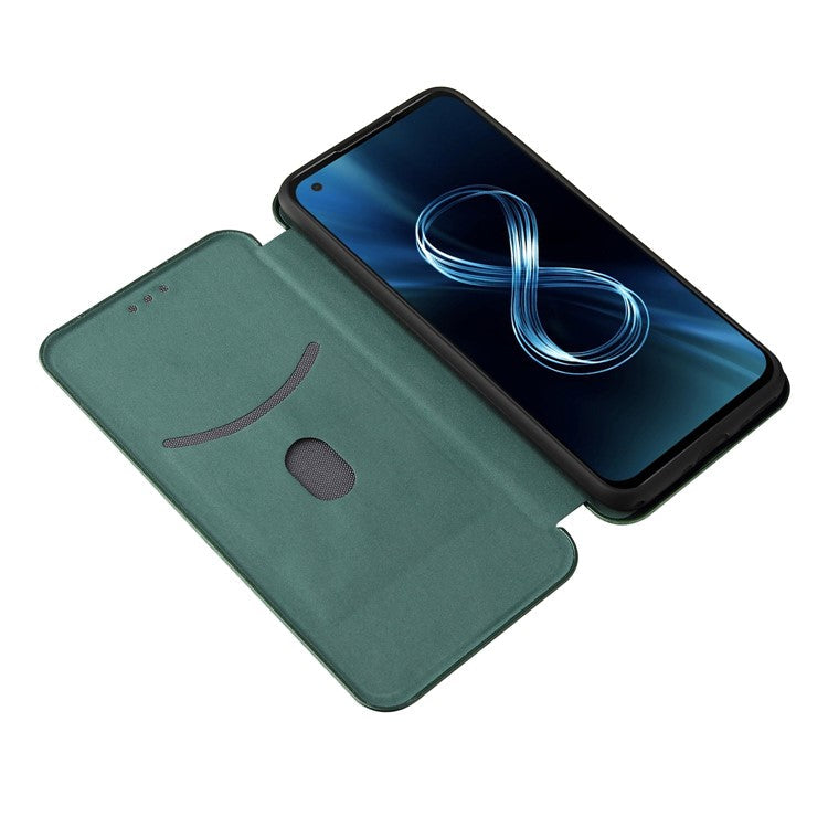 Carbon Fiber Texture Auto-absorbed Leather Cell Phone Case Shell with Card Holder for Asus Zenfone 8 - Green