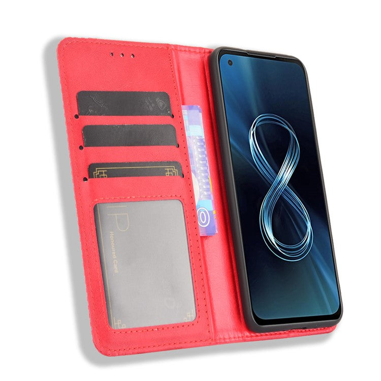 Vintage Style Magnetic Auto-absorbed Phone Wallet Stand Leather Case Cover for Asus Zenfone 8 ZS590KS - Red