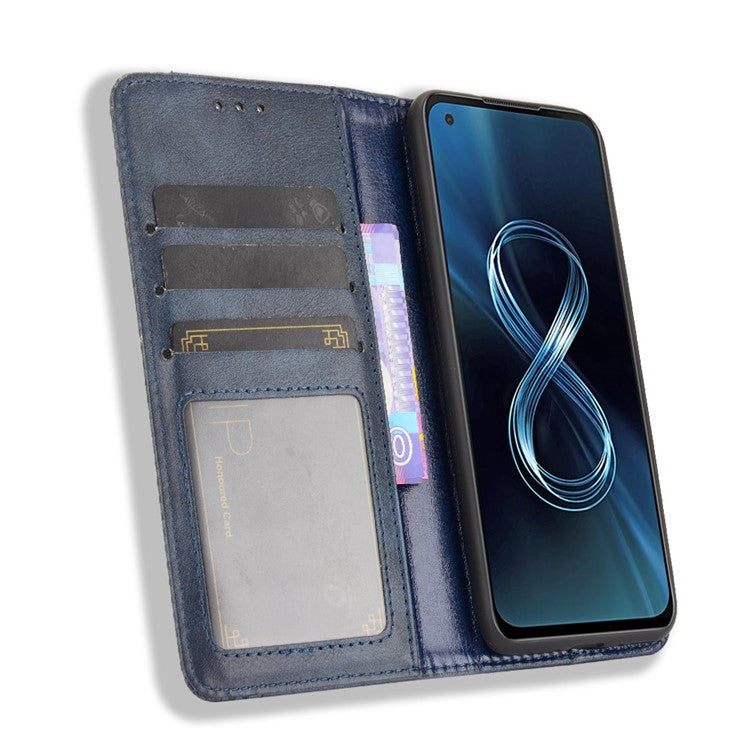 Vintage Style Magnetic Auto-absorbed Phone Wallet Stand Leather Case Cover for Asus Zenfone 8 ZS590KS - Blue