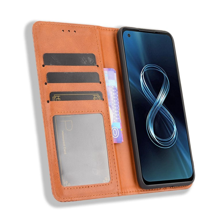 Vintage Style Magnetic Auto-absorbed Phone Wallet Stand Leather Case Cover for Asus Zenfone 8 ZS590KS - Brown