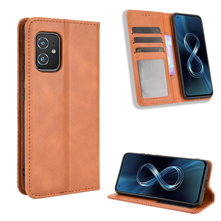 Vintage Style Magnetic Auto-absorbed Phone Wallet Stand Leather Case Cover for Asus Zenfone 8 ZS590KS - Brown