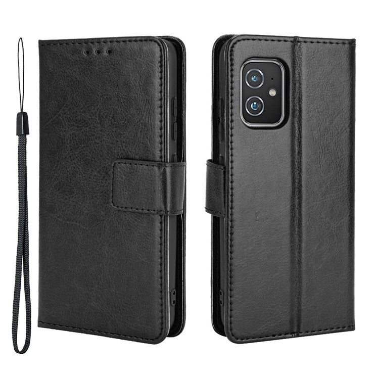 Crazy Horse Texture PU Leather Wallet Stand Phone Case Cover for Asus Zenfone 8 ZS590KS - Black
