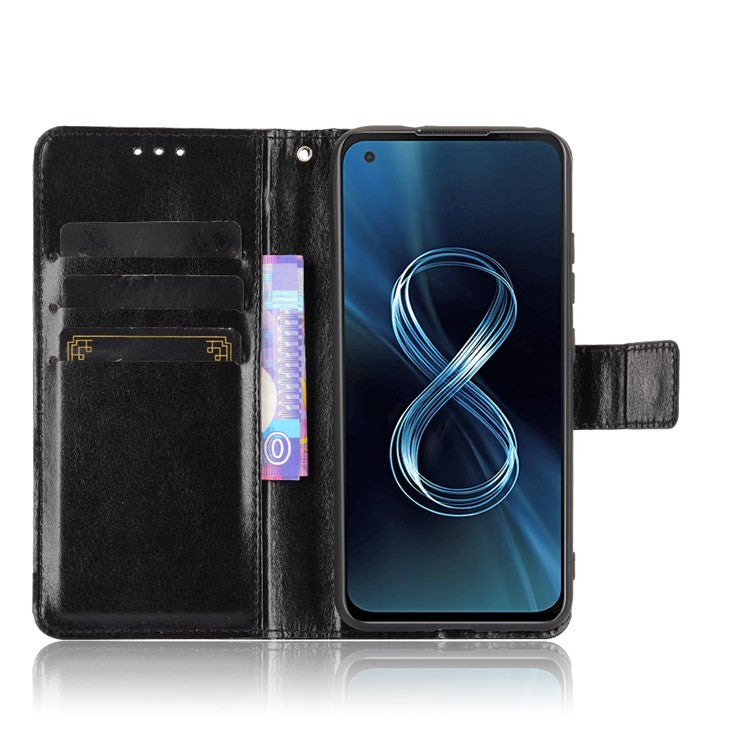 Crazy Horse Texture PU Leather Wallet Stand Phone Case Cover for Asus Zenfone 8 ZS590KS - Black