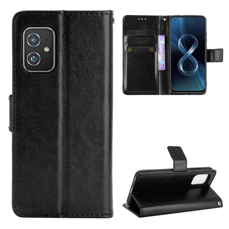 Crazy Horse Texture PU Leather Wallet Stand Phone Case Cover for Asus Zenfone 8 ZS590KS - Black