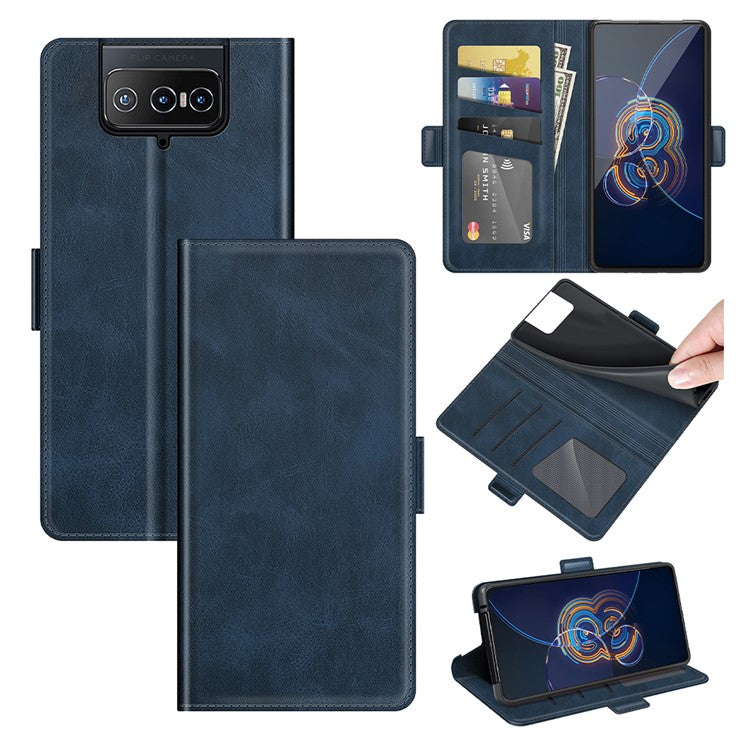 PU Leather Full Protection Wallet Cover Stand Case with Magnetic Double Clasp for Asus Zenfone 8 Flip - Blue