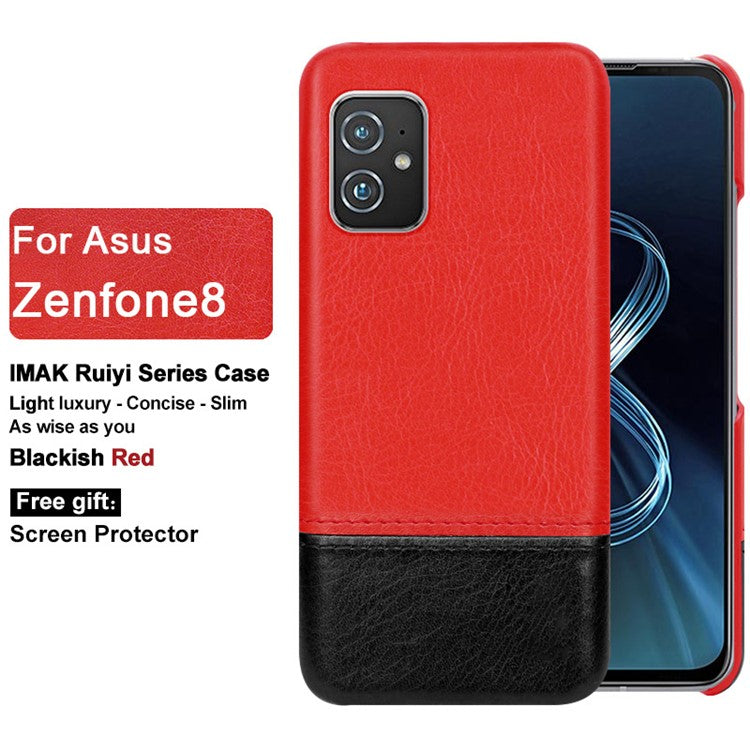 IMAK Ruiyi Series Bi-Color PU Leather Coated PC Cell Phone Back Case Shell with Screen Protector for Asus Zenfone 8 ZS590KS - Red / Black