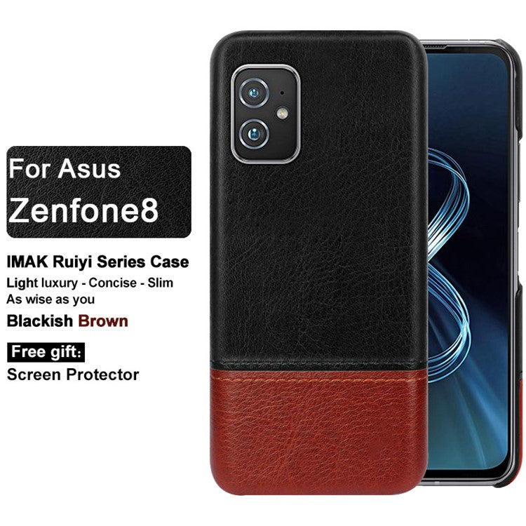 IMAK Ruiyi Series Bi-Color PU Leather Coated PC Cell Phone Back Case Shell with Screen Protector for Asus Zenfone 8 ZS590KS - Black / Brown