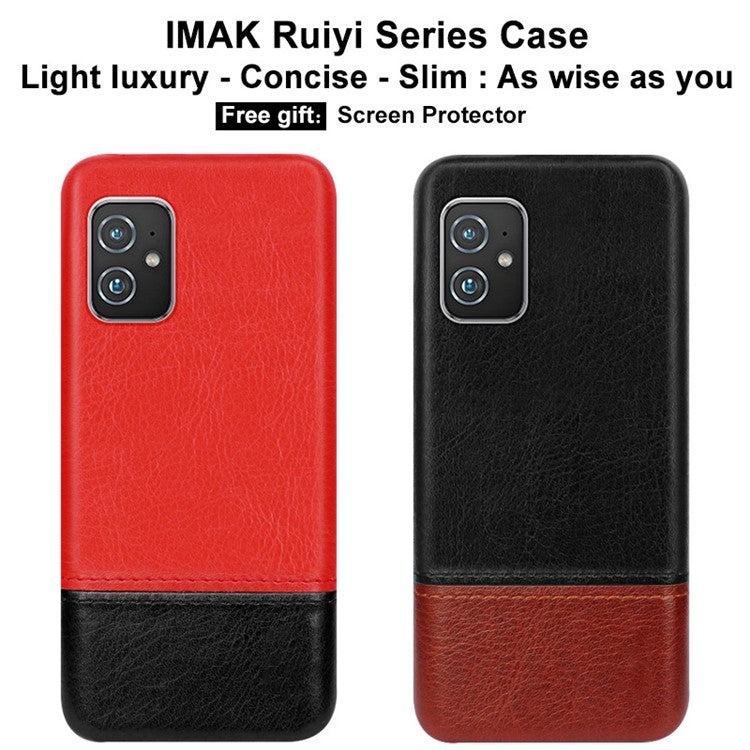 IMAK Ruiyi Series Bi-Color PU Leather Coated PC Cell Phone Back Case Shell with Screen Protector for Asus Zenfone 8 ZS590KS - Black / Brown