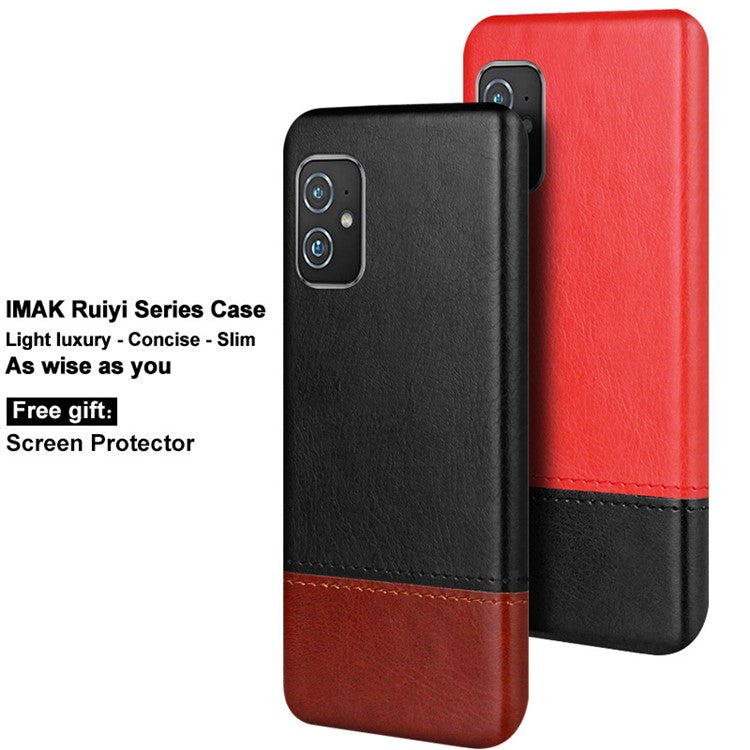 IMAK Ruiyi Series Bi-Color PU Leather Coated PC Cell Phone Back Case Shell with Screen Protector for Asus Zenfone 8 ZS590KS - Black / Brown