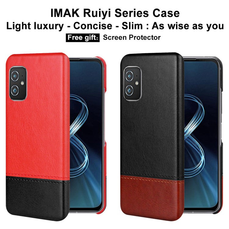 IMAK Ruiyi Series Bi-Color PU Leather Coated PC Cell Phone Back Case Shell with Screen Protector for Asus Zenfone 8 ZS590KS - Black / Brown