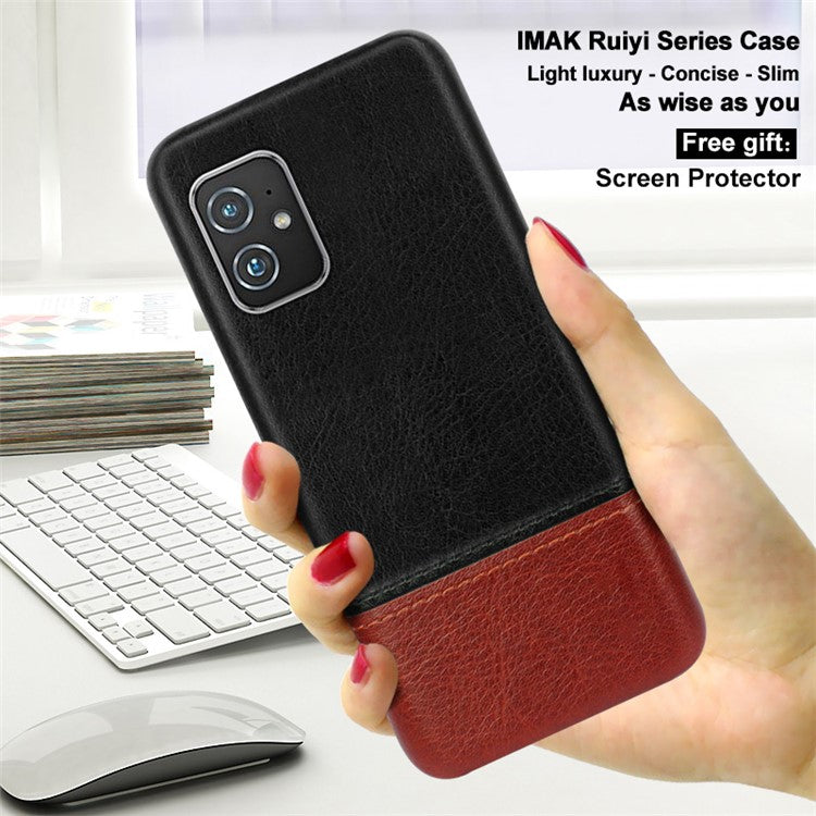 IMAK Ruiyi Series Bi-Color PU Leather Coated PC Cell Phone Back Case Shell with Screen Protector for Asus Zenfone 8 ZS590KS - Black / Brown