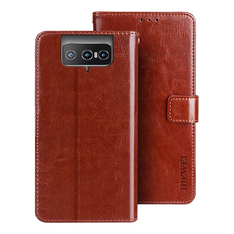 IDEWEI Wallet Stand Case Crazy Horse Texture PU Leather Phone Shell for Asus Zenfone 8 Flip - Brown