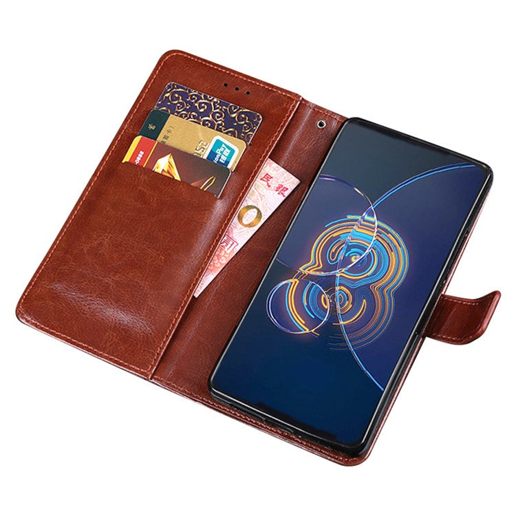 IDEWEI Wallet Stand Case Crazy Horse Texture PU Leather Phone Shell for Asus Zenfone 8 Flip - Black