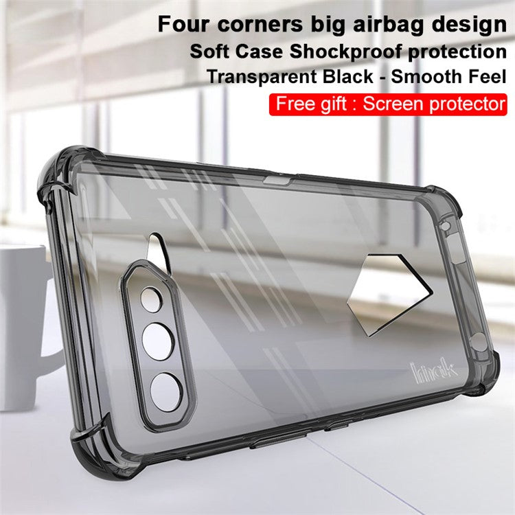IMAK Transparent Shockproof Flexible TPU Airbag Anti-Drop Case Cover with Screen Protector Film for Asus ROG Phone 5 / 5s - Transparent Black