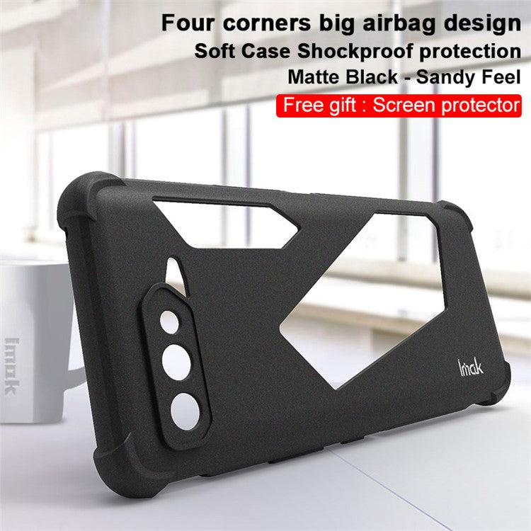 IMAK Sandy Feel Matte Soft TPU Airbag Shockproof Protective Phone Case with Screen Protector for Asus ROG Phone 5 Ultimate / 5 Pro / 5s - Matte Black