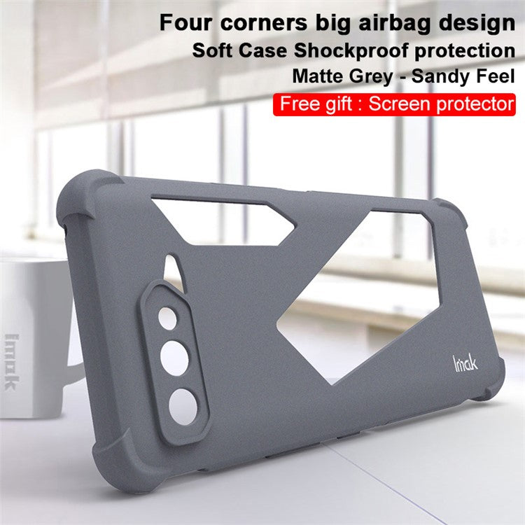 IMAK Sandy Feel Matte Soft TPU Airbag Shockproof Protective Phone Case with Screen Protector for Asus ROG Phone 5 Ultimate / 5 Pro / 5s - Matte Grey